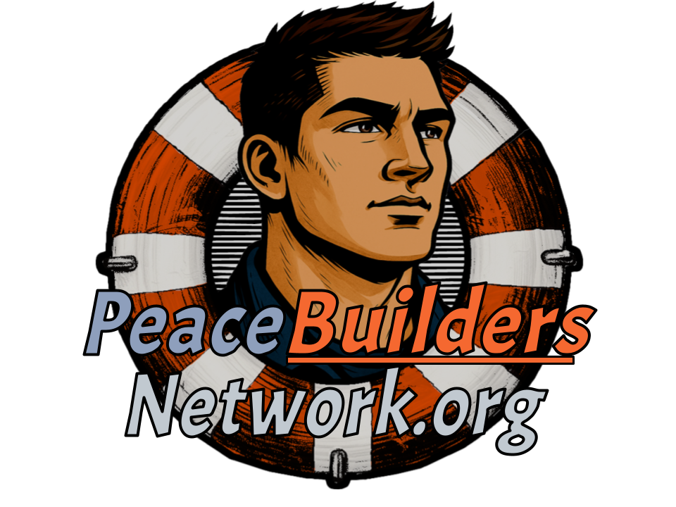 PeaceBuildersNetwork Logo - a life-preserver ring with a middle-aged man's head and shoulders with the word Peacemakers displayed across it.